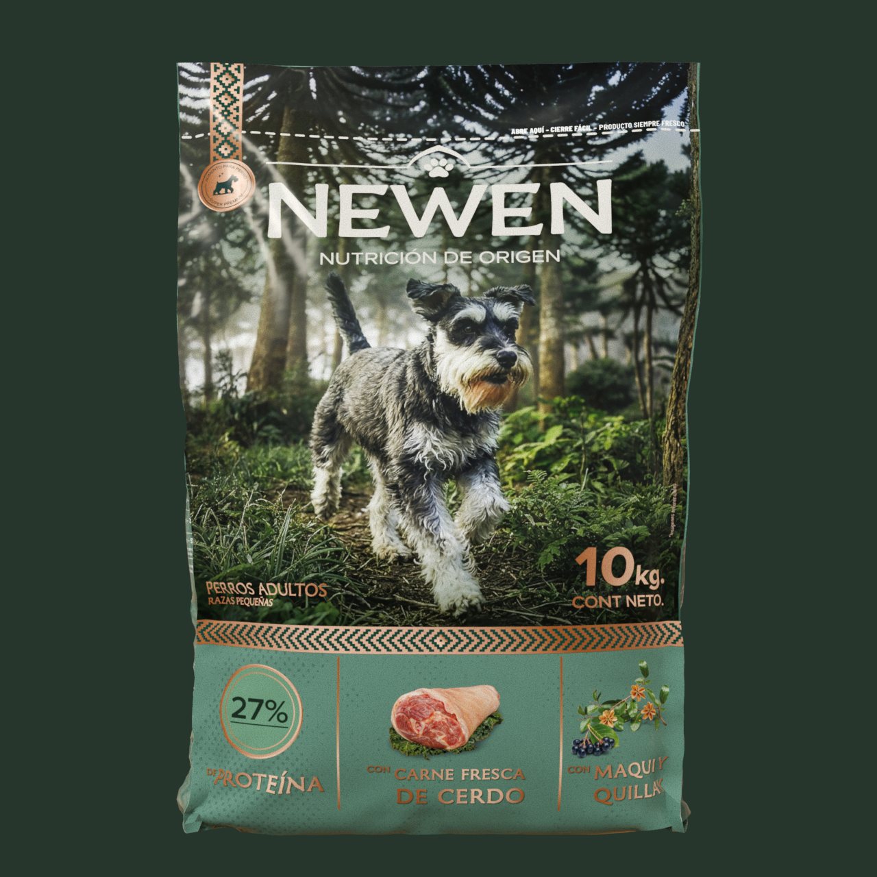 Render del saco Newen para perros adultos de razas pequeñas, en verde salvia.