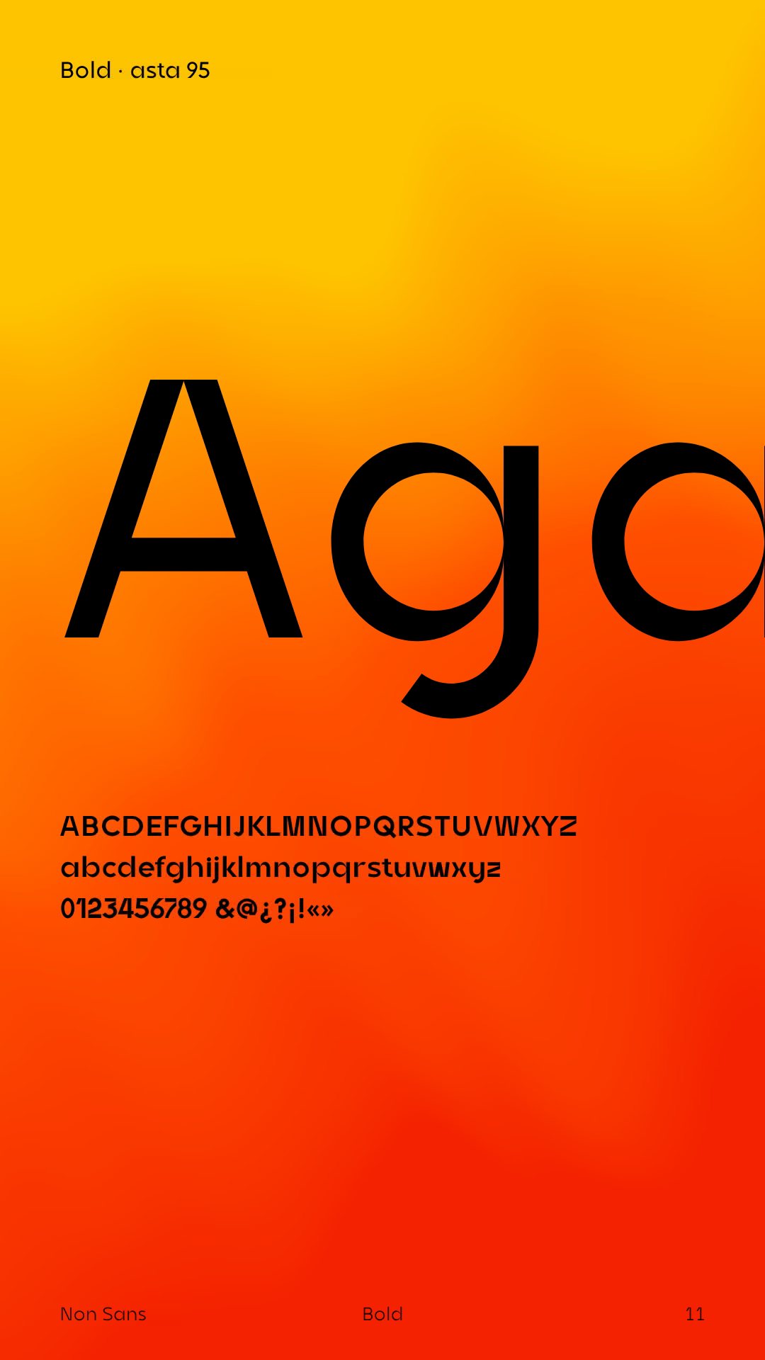 Lámina «Ago» en Non Sans Bold, asta de 95 u, con el alfabeto y las cifras.