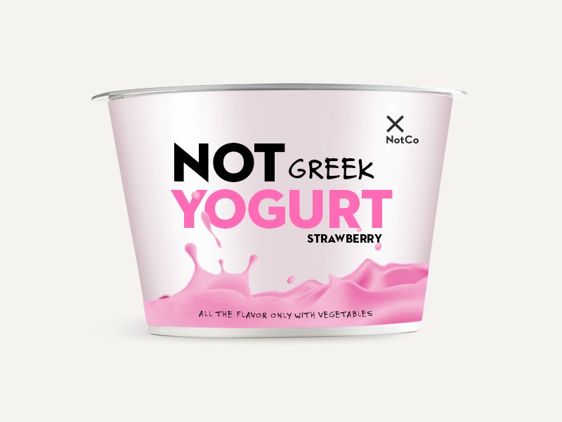 Pote de Not Greek Yogurt sabor frutilla, con YOGURT en rosado y una ola de yogur.