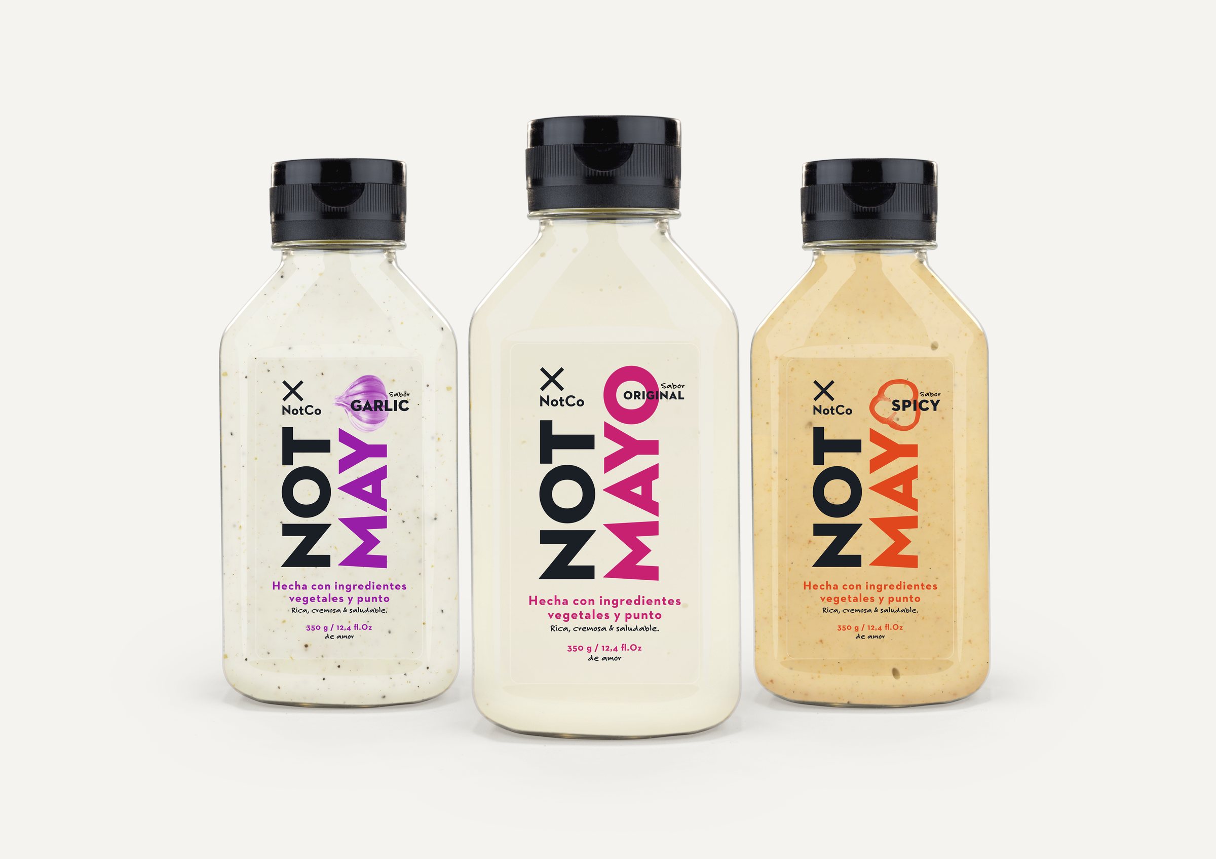 Los tres envases dosificadores de NotMayo: Garlic, Original y Spicy.