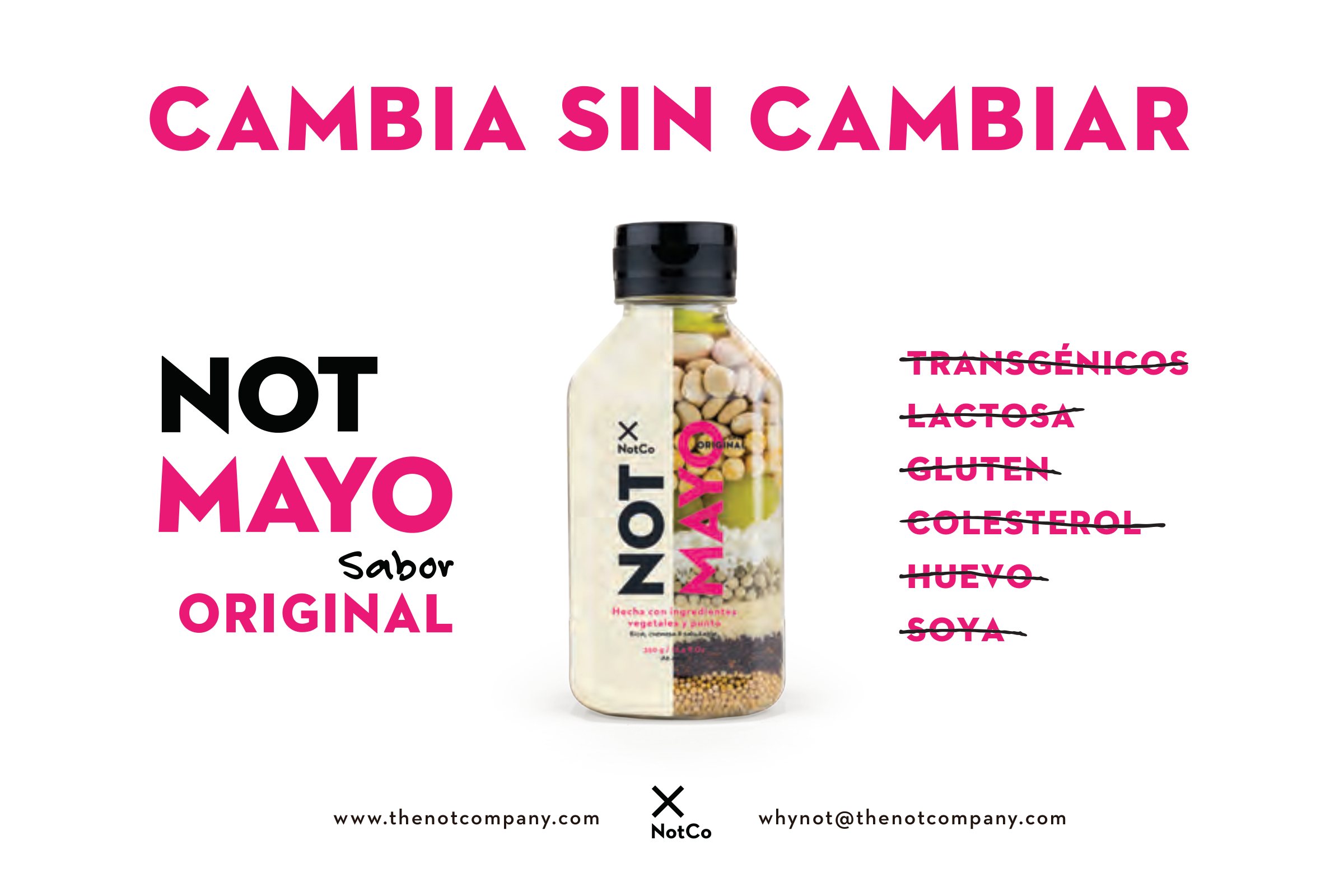 Volante de NotMayo Sabor Original con la frase «Cambia sin cambiar» y la lista tachada: transgénicos, lactosa, gluten, colesterol, huevo, soya.