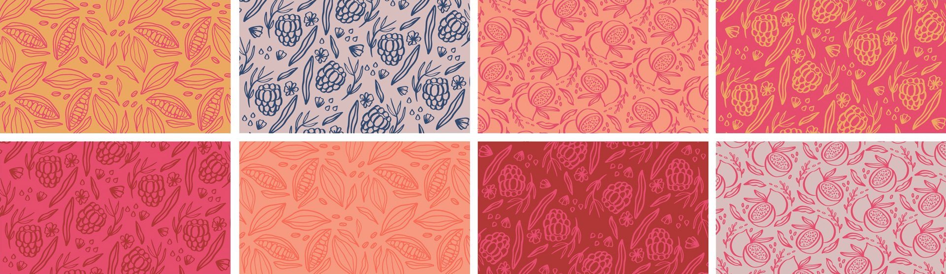 Ocho patrones ilustrados de ingredientes en rosados, naranjos y azul.