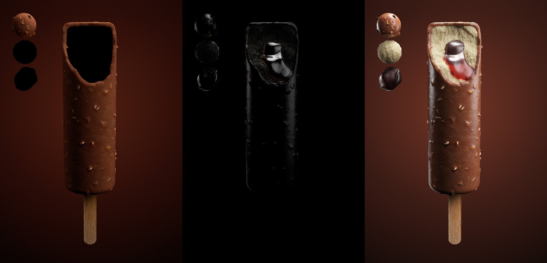 Passes de render, color y reflejo del Savory Veggie Frambuesa.