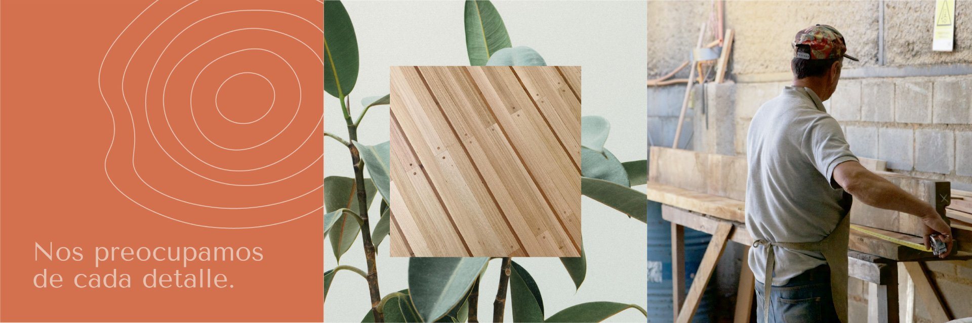 Tres piezas de redes: una frase sobre anillos de madera, una tabla y un carpintero en su taller.