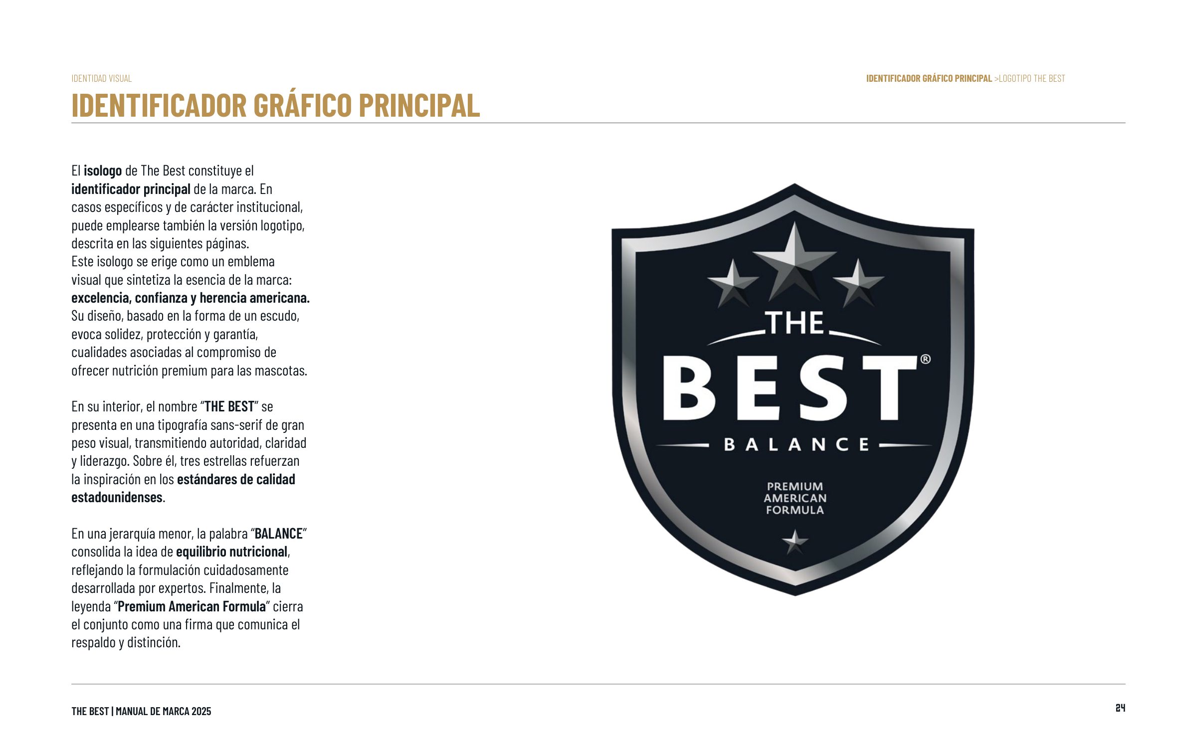 Lámina del manual de marca 2025: el escudo de The Best como identificador principal.