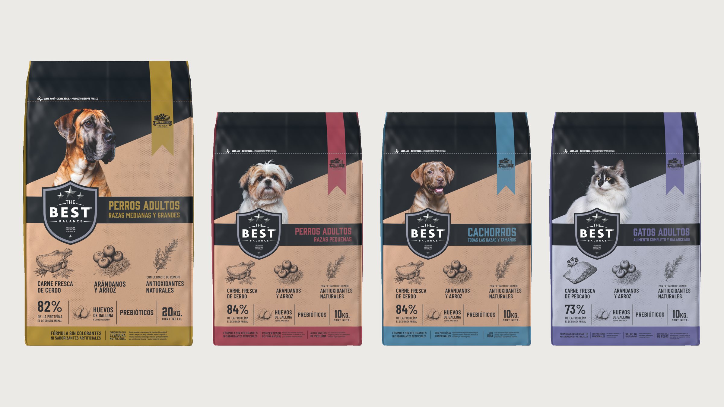 Los cuatro envases The Best de frente y a escala: razas medianas y grandes de 20 kg, y razas pequeñas, cachorros y gatos de 10 kg.