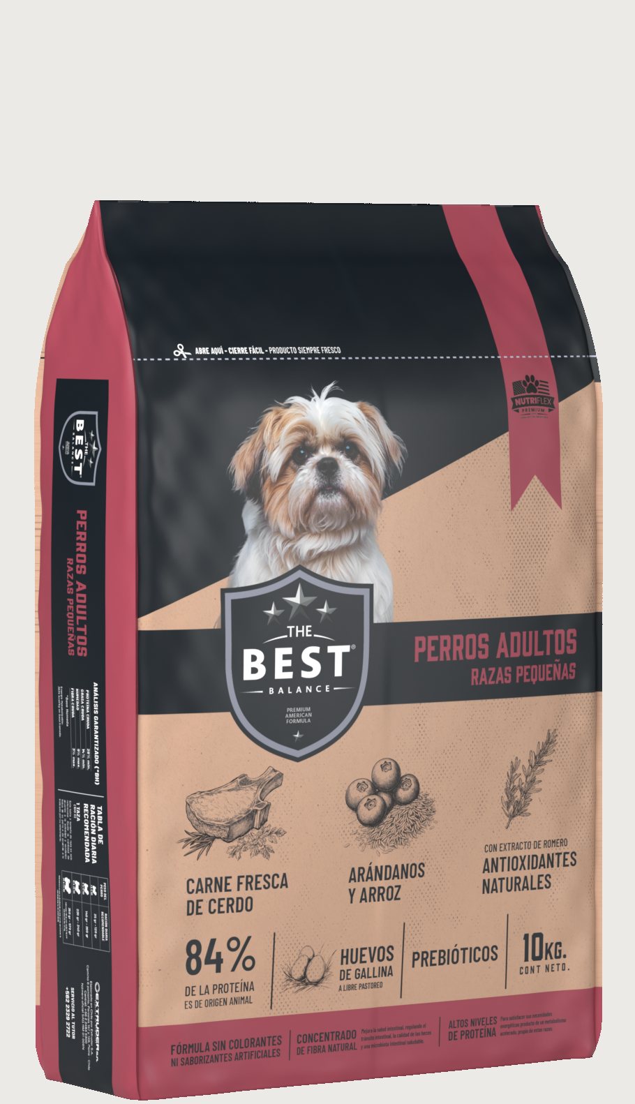 Render 3D en tres cuartos del envase The Best Perros Adultos razas pequeñas, 10 kg.