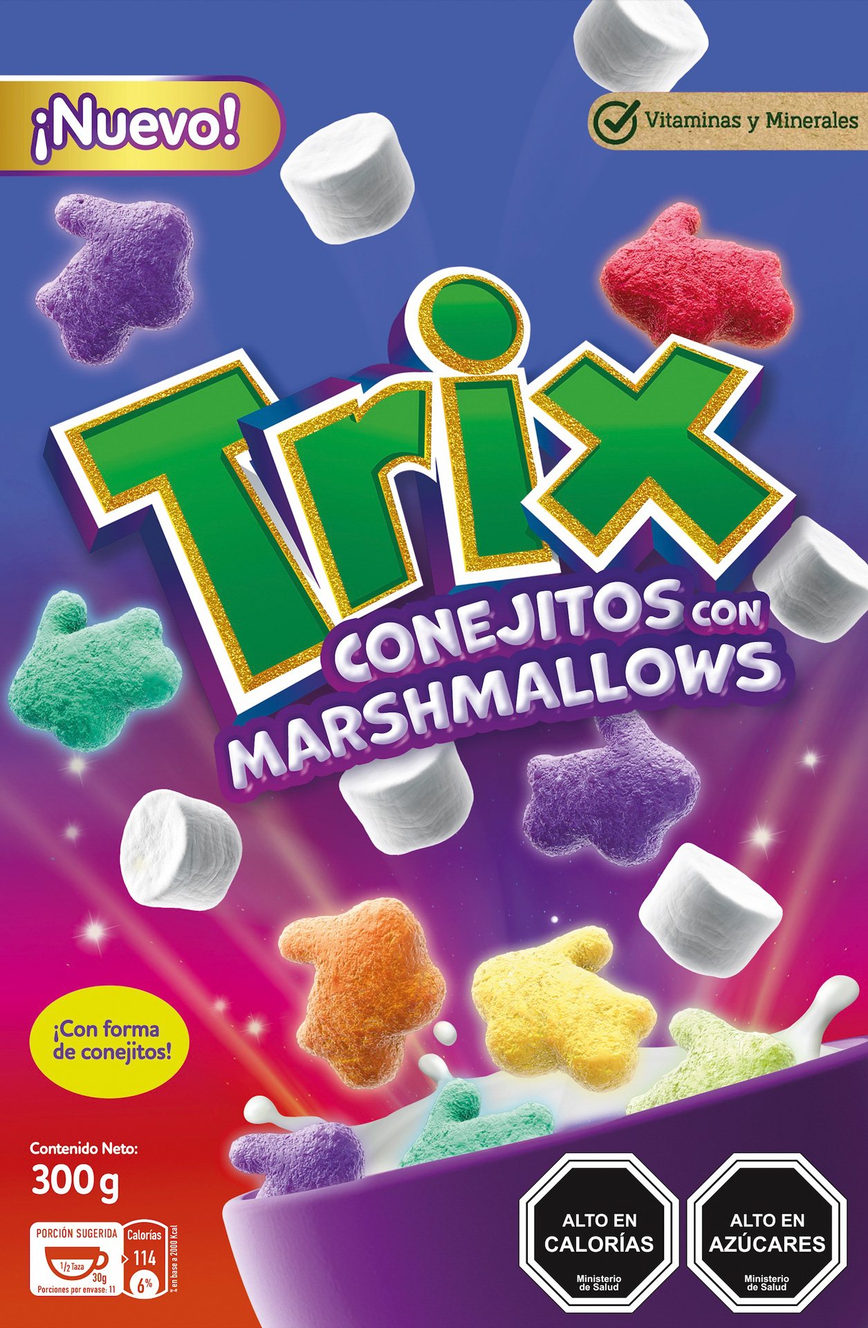 Panel frontal de la caja Trix conejitos con marshmallows.