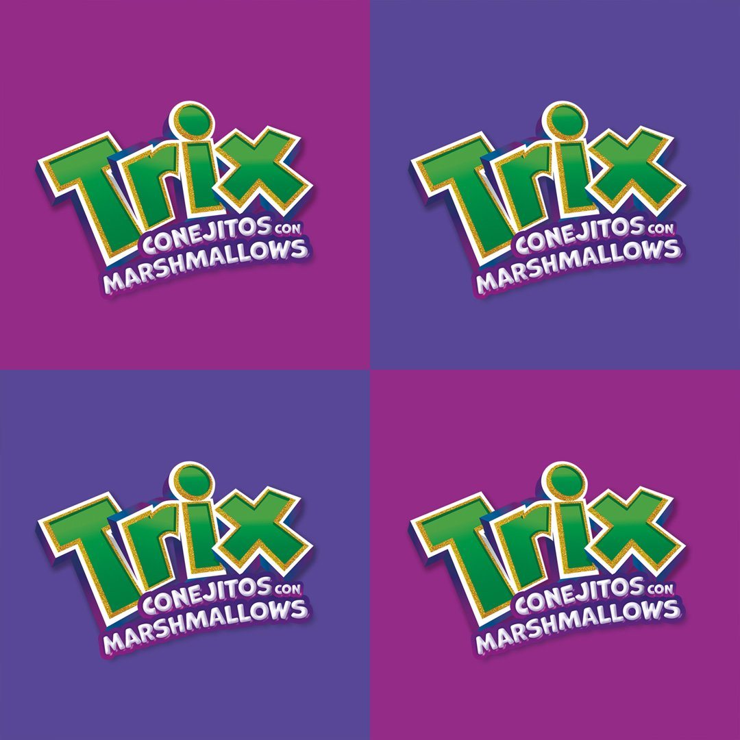 El logotipo Trix Marshmallows sobre cuatro fondos morados.