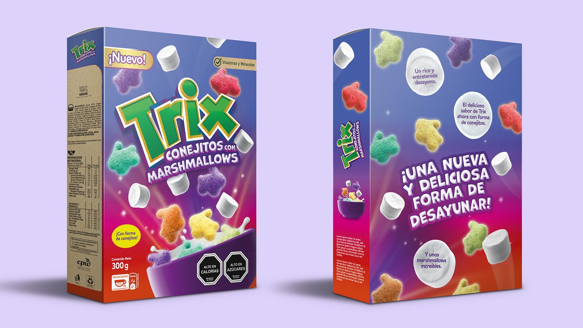 Frente y reverso de la caja de Trix Marshmallows sobre fondo lila.