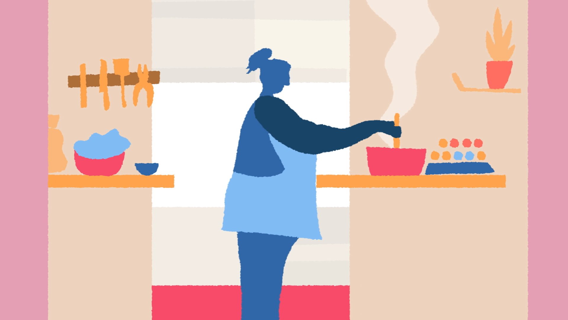 Ilustración: una mujer cocina en una casa que también es su lugar de trabajo.