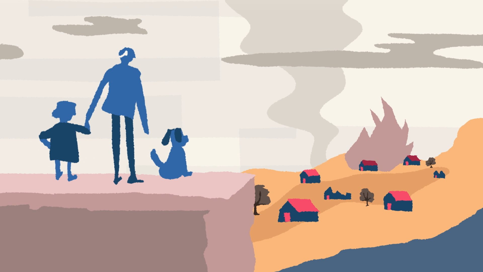 Ilustración: una familia con su perro mira desde un cerro un incendio que avanza hacia las casas.