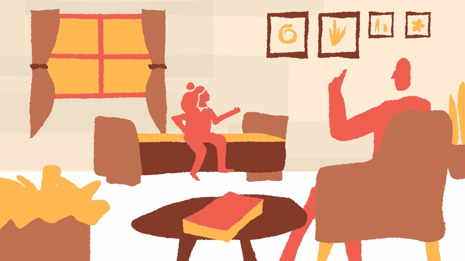 Ilustración: una niña juega en el living mientras un adulto conversa con ella.
