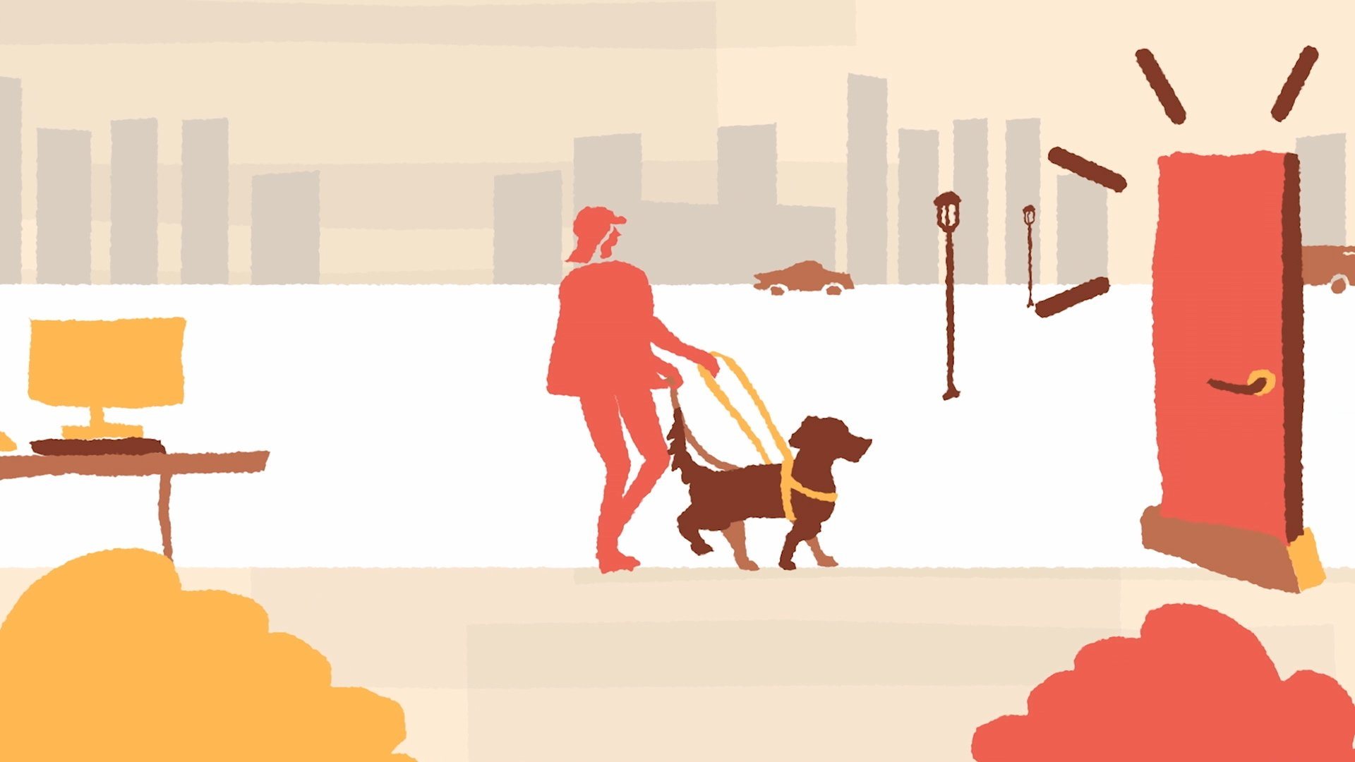 Ilustración: una persona con su perro guía camina hacia una puerta.
