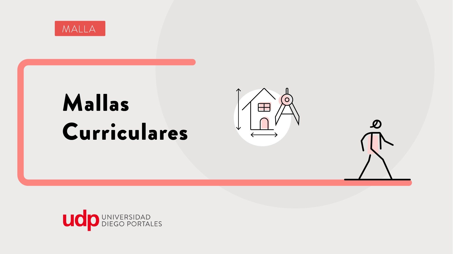 Placa «Mallas curriculares» de la UDP, con el ícono de arquitectura y el personaje estudiante.