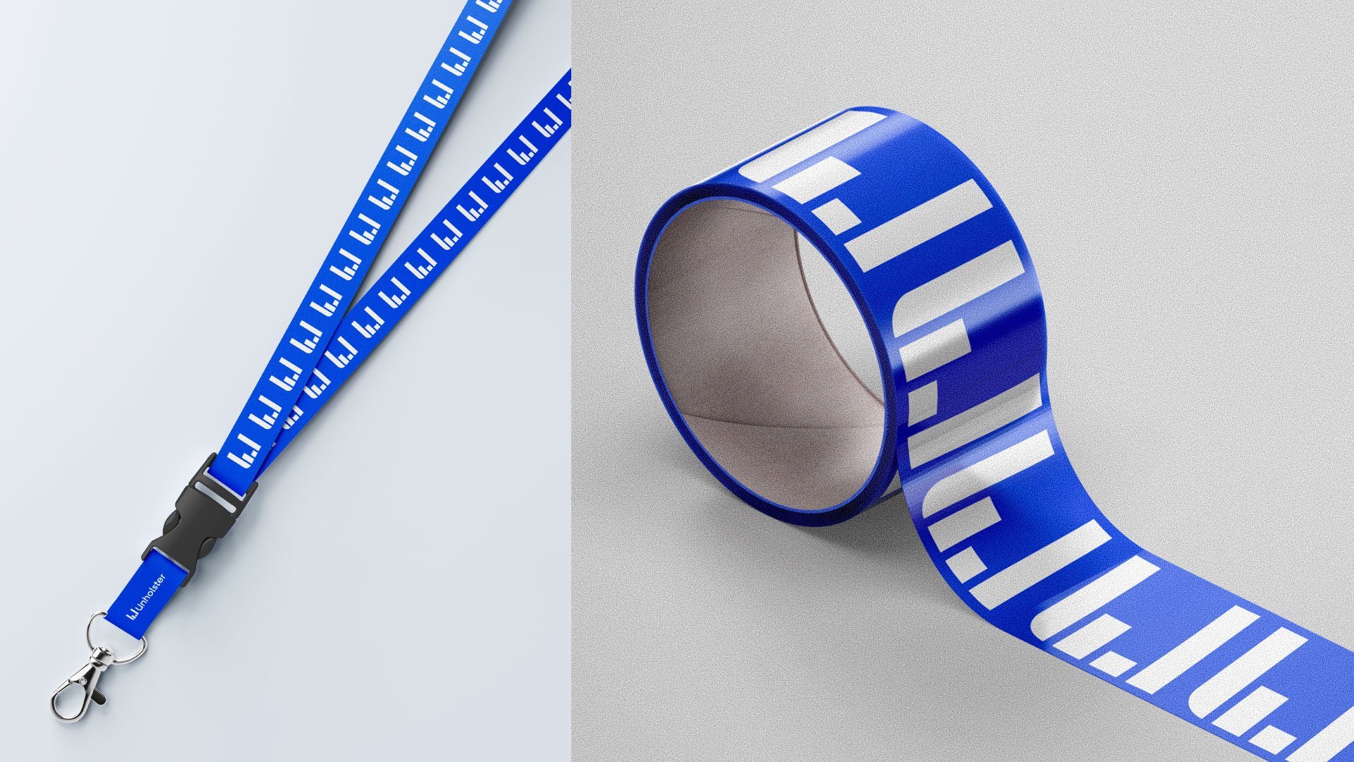Lanyard y cinta adhesiva azules con el patrón de isotipos.