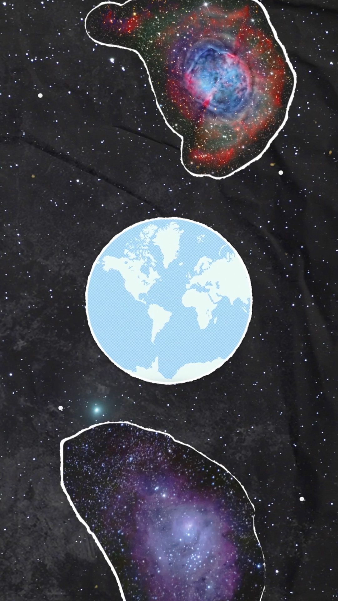 Escena vertical: la Tierra entre dos nebulosas recortadas.
